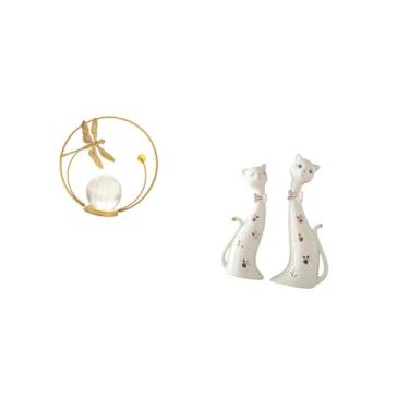 Imagem de Fenteer Bola de Cristal Gato Casal Escultura de Metal Estatueta Ornamento Interno Estátua Suporte para Corredor Lareira Quarto Sala de Estar Escritório Sala D