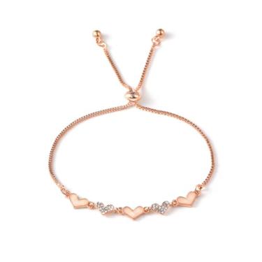 Imagem de Pulseiras femininas prateadas douradas modernas com elos de coração, berloques delicados, strass, corrente fina, joia, One Size, Metal, Sem Pedra Preciosa