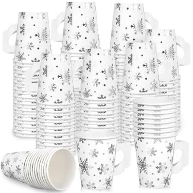 Imagem de Whaline 50 peças de copos de papel de Natal com alças 255 g Copos descartáveis de folha prateada de floco de neve copo de festa para bebidas quentes e frias, suprimentos de Natal e inverno