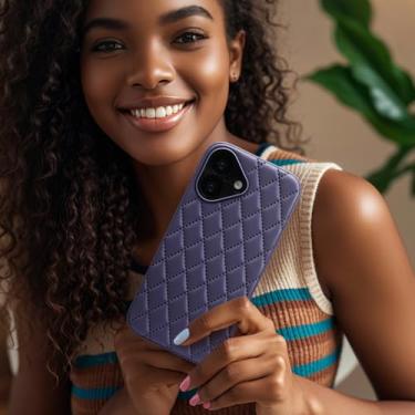 Imagem de Capa de telefone para iPhone 16, traseira semelhante a couro e moldura de silicone - design de couro vegano, capa protetora feminina antiderrapante roxa