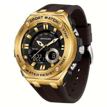 Imagem de Relógio De Pulso Masculino à Prova D'água 50m Esportivo Multifuncional Com Pulseira De Silicone Marrom Dourado