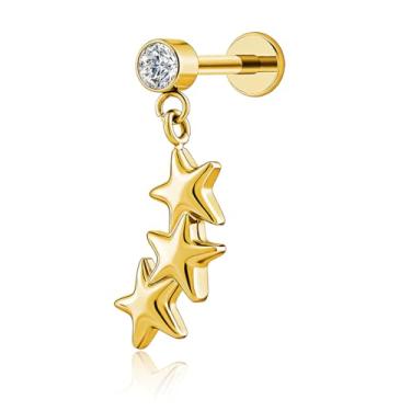 Imagem de FLORA PIERCING MINIBARBELL AÇO CIRÚRGICO PVD COM PINGENTE 3 ESTRELAS PIERCING ORELHA TRAGUS HELIX CONCH MODA FEMININA 1.2X8 (DOURADO)
