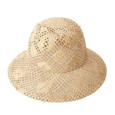 Imagem de Chapéu de sol feminino feito à mão em cúpula chapéu de palha oco para viagem ao ar livre protetor solar chapéu de palha de ráfia recorte M 56-58 cm