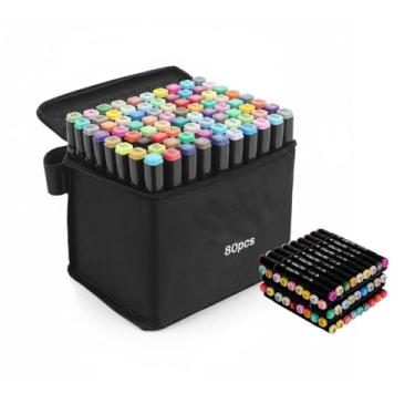 Imagem de Professional Marcadores Artísticos, 24/36/48/60/80/100/120 Cores, Base de Álcool, Ponta Dupla para Desenho e Ilustração, com Bolsa de Armazenamento (80)