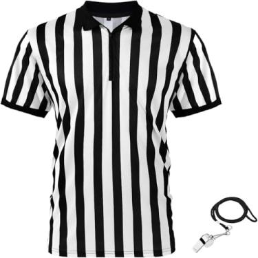 Imagem de Syhood Camisa de árbitro fantasia masculina e feminina, apito de bandeira de penalidade, preto, branco, listrado, futebol, futebol americano, ref, camiseta Halloween (3GG)