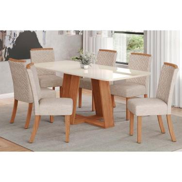 Imagem de Conjunto Mesa De Cozinha Lins Com Tampo Madeirado Com Vidro Curvo 200x90cm E 6 Cadeiras Malu Nature Linho Henn