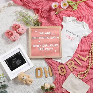 Imagem de Canlierr Conjunto de 9 peças de anúncio de gravidez para revelar ideias para gravidez, quadro de cartas de feltro, body para bebê, botinhas, porta-fotos, urso de pelúcia, blocos de madeira para bebê