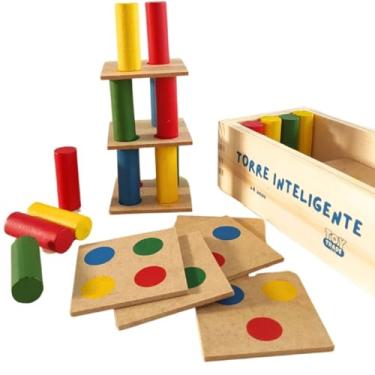 Imagem de Jogo Torre Inteligente 63 Peças - Brinquedo Educativo de Equilíbrio, Coordenação Motora e Raciocínio Lógico - Blocos Coloridos de Madeira para Crianças, Escolas e Atividades Pedagógicas