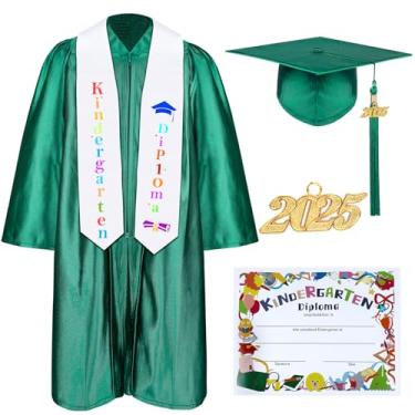 Imagem de Mukum Conjunto de boné e vestido de formatura de jardim de infância com borla 2024 pingentes estolas de graduação para crianças pré-escolares, Verde, 36