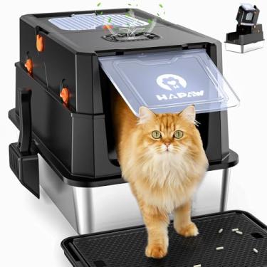 Imagem de HAPAW Caixa de areia de aço inoxidável com tampa, caixa de areia de metal fechada anti-vazamento, panela de areia flip-top extragrande com colher e pedal, sem odor, entrada dupla frontal e superior