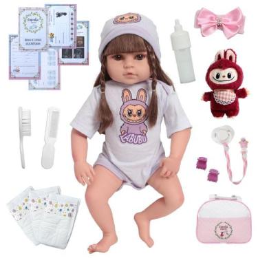 Imagem de Bebe Reborn Realista Menina Olho Castanho Com Labubu Bolsa - Cegonha R