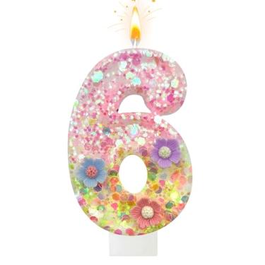 Imagem de Velas de aniversário de flores silvestres – Número 6 velas para topo de bolo, velas de macaron para decorações de festa temática doce, aniversário de casamento e outras celebrações (6 velas)