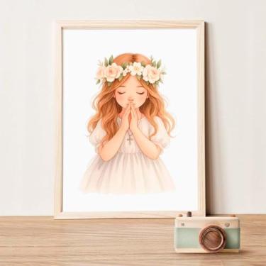 Imagem de Quadro Decorativo Infantil Cristão - Menina Orando; Criança que Ora - Quadros Bíblicos; Decoração Quarto de Criança; Quadro para quarto infantil; Quarto de Menina (Moldura Bege, 21x30, Emoldurado)