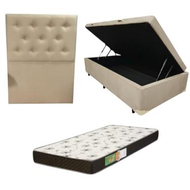 Imagem de Cama Box Baú Solteiro Blindada com Colchão Solteiro Espuma D20 12cm | Kit Completo com Cabeceira Botonê Opcional | Diversas Cores (3, SUEDE BEGE, COM CABECEIRA)