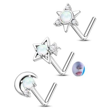 Imagem de CM Crareesi Mania Brincos de nariz de opala, 3 peças de piercing de nariz para mulheres, anéis de nariz hipoalergênicos em forma de L de 20G, joia de narina estrela