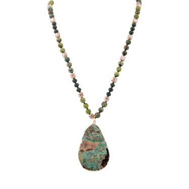 Imagem de MINACHI Colar Boho de contas com pingente turquesa criada, joia artesanal de contas verdes e bronze, colar hippie vintage para mulheres