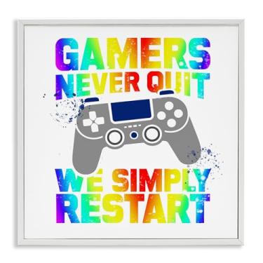 Imagem de Stupell Industries Rainbow Gamers Never Quit Arte giclée emoldurada branca, design por Kim Allen, 43 x 43 cm