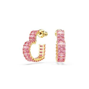Imagem de Swarovski Brincos de argola matrix, corte baguete, coração, pequeno, rosa, acabamento dourado, One Size, Zircônia cúbica, Cristal