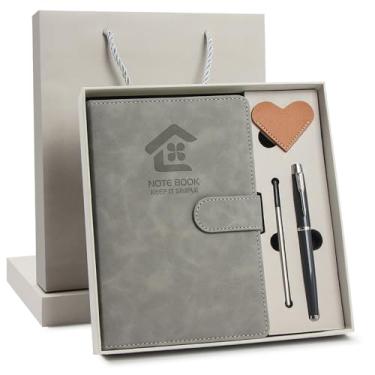 Imagem de Ciyanwcx Conjunto de presente de caderno de couro - diário de capa dura A5 com caneta e 6 marcadores de coração, caixa de presente + bolsa (cinza)