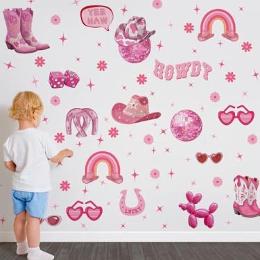 Imagem de Pink Cowgirl Wall Decal, Trendy Retro Boots Horseshoe Iron Hat Disco Ball Wall Stickers,Preppy Hat Cow Disco Ball Flower Murals Decor,for Bedroom Living Room Bedroom Classroom Office Nursery