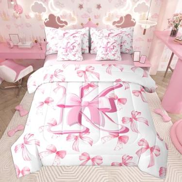 Imagem de jejeloiu Conjunto de edredom com laço rosa fofo com lençol de solteiro, monograma, 7 peças, com inicial K personalizada, em uma bolsa com edredom, lençóis, fronhas, laço coquete, moda moderna