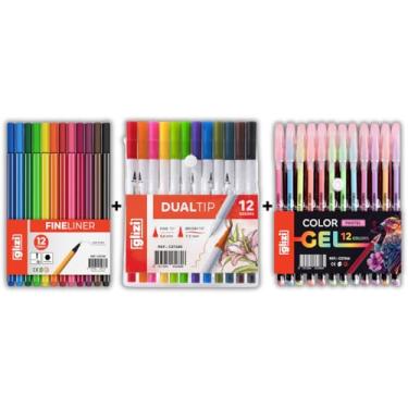 Imagem de Kit Criativo Glizi 36 Canetas, Fineliner 0.4mm 12 Cores, Dual Tip Brush 12 Cores, Colorgel 12 Tons Pastel/Neon (12C (Color) + 12 Brush + 12 Gel Pastel)