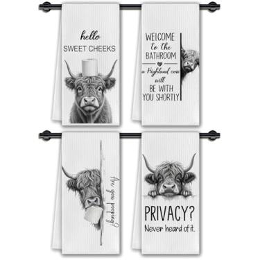 Imagem de CosxHabitat Toalhas de mão engraçadas de vaca Highland, decoração de banheiro Hello Sweet Cheeks, presentes para amantes de vaca Highland Toalhas de mão decorativas para banheiro, banheiro, banheiro