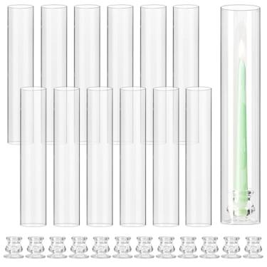 Imagem de Castiçais de vidro Hurricane com castiçais, conjunto de 12 tampas de cilindro transparentes altas para velas cônicas, conjunto de castiçais de chaminé de vidro de 35 cm para centros de mesa de