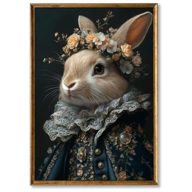 Imagem de Retrato de coelho arte de parede floral coelho pôster elegante arte de parede de coelho vitoriano estampa de coelho vintage arte marrom flor imagem de animal decoração de tela vintage sala de estar