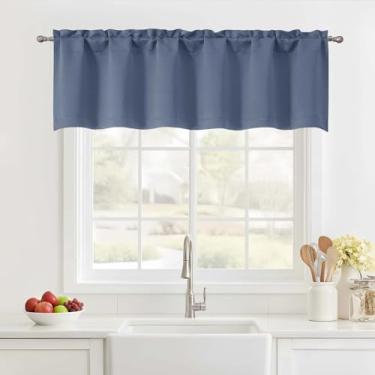 Imagem de Ebesto Cortina de cozinha pequena com isolamento térmico de 35,5 cm de comprimento com dois bolsos de haste, saia curta para sala de estar, banheiro, café, trailer, azul jeans, 1 peça, 152 cm x 35 cm