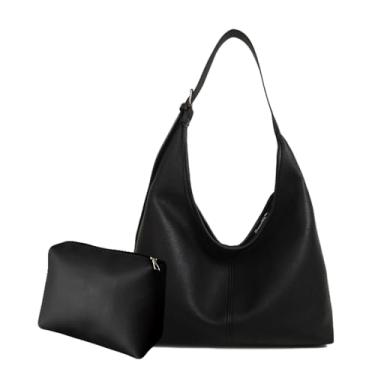 Imagem de Ruvafeny Bolsas Hobo Slouchy para mulheres, 2 peças, conjunto de carteira de couro vegano, bolsa com zíper, bolsa tiracolo, B - preto - 2 peças, 15.8"L x 4"W x 15.8"H