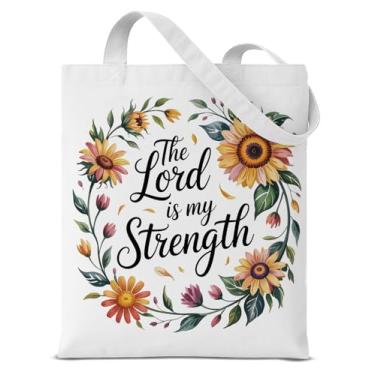 Imagem de QYCFDXD Sacola de lona floral cristã para meninas, versículo bíblico em Waiting God Is Working, The Lord is My Strength, bolsa de ombro estética reutilizável para compras