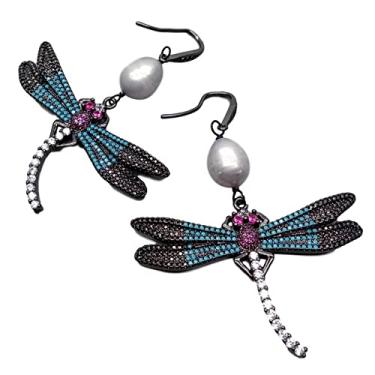 Imagem de Brincos de gancho de libélula folheados a cor cinza natural de zircônia cúbica de zircônia cúbica cinza cultivada