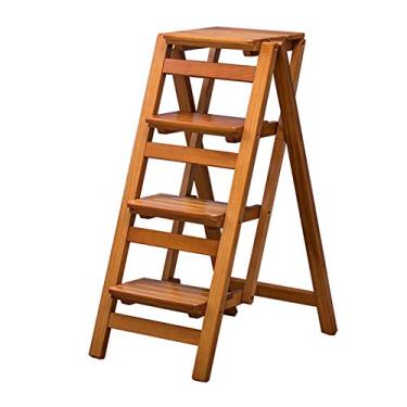 Imagem de Banqueta dobrável escada de madeira 4 degraus multifuncional escada dobrável escada prateleira biblioteca de cozinha para casa