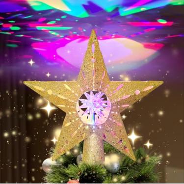 Imagem de Topo de árvore de estrela de Natal explosivo dourado com luzes RGB giratórias para projetor, luzes douradas, para uso interno, escritório, Natal, Ano Novo (apenas 1 padrão, cabo de 3 m)