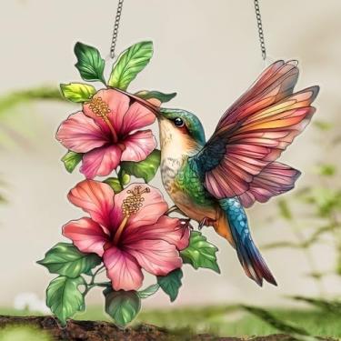 Imagem de Ornamento de acrílico manchado de pássaro de cristal (20 cm) - Apanhador de sol de dupla face, decoração suspensa de acrílico cristalino para janela/jardim/interior (1 pássaro 2 flores)