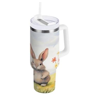 Imagem de ATTX Copo de coelho da Páscoa de 850 g com alça, copo de aço inoxidável a vácuo de parede dupla com palha, caneca de café de viagem isolada #423