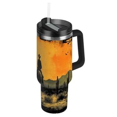 Imagem de Blueangle Copo de cowboy americano de 1,134 g com alça e tampa de palha, caneca de viagem de aço inoxidável isolada a vácuo de parede dupla, garrafa de água reutilizável para academia de escritório ao