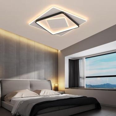 Imagem de Luminária de teto LED moderna de 50W, dimerizável, com controle remoto, design em anel, montagem embutida, lustre de acrílico preto, LED para sala de estar, quarto e cozinha.