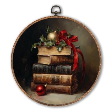 Imagem de Hxlac Dark Academia Christmas Book Round Wall Art Framed, Vintage Winter Christmas Round Wall Decor, Cottagecore Bookish Hanging Canvas Prints Wall Sculptures para decoração de sala de leitura em casa