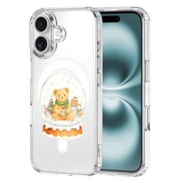 Imagem de MAYCARI Capa de telefone de Natal para iPhone 16 Plus compatível com ímã bola de cristal urso presente capa de telefone magnética transparente para meninas mulheres capa protetora de TPU macio à prova