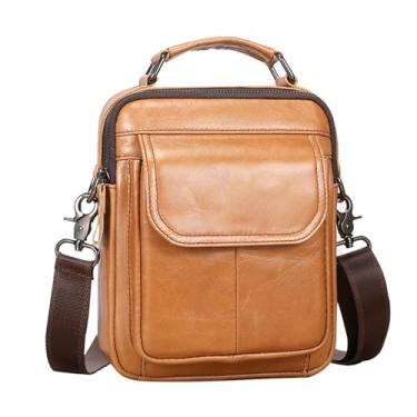 Imagem de aqxreight Bolsa Tipo Estilingue Masculina Bolsa de Ombro de Couro Genuíno Retro de Corpo Cruzado Vintage Mensageiro Carteira um Telefone de Passaporte Grande e é Vintage para Mas Móvel Tipo (Amarelo)