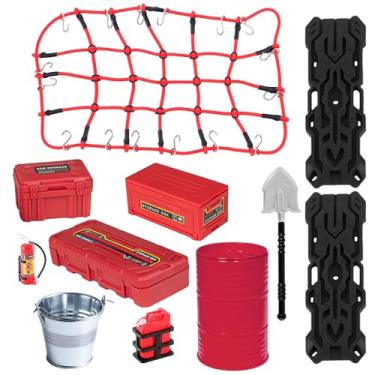Imagem de GLOBACT 11PCS 1/10 RC Crawler Accessories Luggage Net/Oil Drum/Fuel Tanks/Recovery Board/Toolbox/Shovel/Iron Bucket/Fire Extinguisher for 1/10 TRX4 Axial SCX10 REDCAT Decoration (Red)