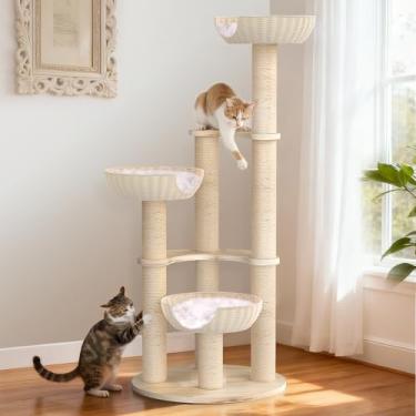Imagem de Tinnmao Árvore de gato de madeira maciça estética moderna, torre de gato de madeira de 152 cm para gatos grandes, ninho de vime tecido à mão com haste natural de sisa, almofada de pelúcia de luxo