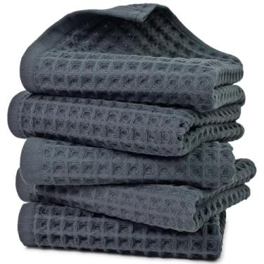 Imagem de Jacquotha Toalhas de mão waffle para banheiro 5 peças (azul carvão) – Toalhas de rosto sem fiapos de algodão de secagem rápida 33 x 73 cm