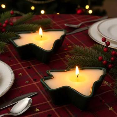Imagem de 2 peças de velas perfumadas em forma de árvore de Natal, vela de resina de Natal, decoração de mesa de Natal, decoração de cerâmica em forma de árvore para decoração de mesa de inverno, casa, família