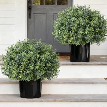 Imagem de YXZZWL 2 conjuntos de arbustos artificiais de alecrim para porta da frente – arbustos artificiais de alecrim resistentes a UV, vegetação falsa primavera/verão em vasos de plantas para decoração