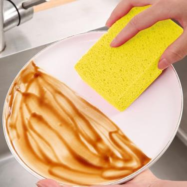 Imagem de Esponja de cozinha de limpeza comprimida de 6 peças, esponja de prato reutilizável estilo celulose expansível, esfregão antiarranhões para panelas, banheiro, ouro