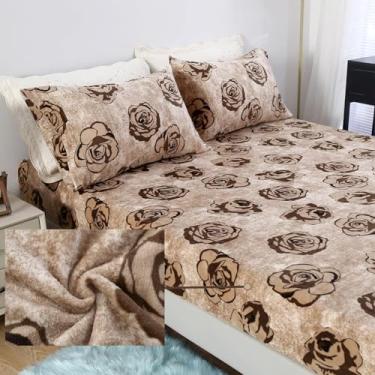 Imagem de MAG Jogo de lençol Queen com 3 peças de flanela de lã preto e branco, floral preto, microfibra supermacia e quente para mulheres e homens, com 1 lençol de elástico + 2 fronhas.