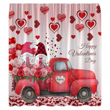 Imagem de CWHCWA Cortina de chuveiro para dia dos namorados, gnomos românticos, coração, amor, caminhão, rosa, vermelha, floral, doce casal, decoração de banho, cortina com ganchos, 187 x 178 cm